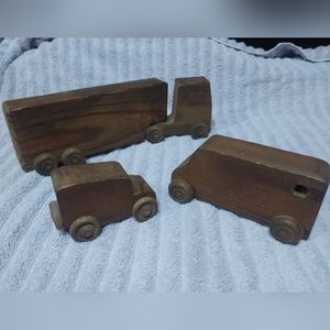 Lot Of 3 Wooden Handmade Block Toys Truck, Car Semi W Trailer Small Wheels
